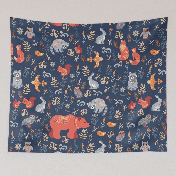Item preview, Fairy-tale forest. Fox, bear, raccoon, owls, rabbits, flowers and herbs on a blue background. designed and sold by Skaska.