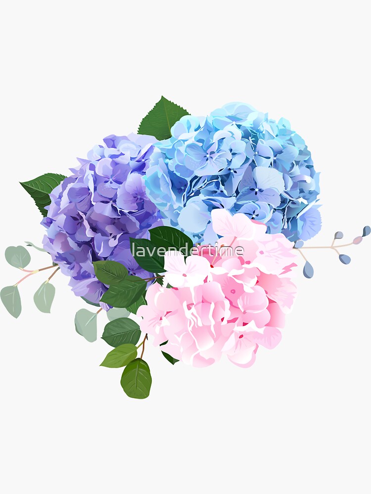 Blue, pink and purple hydrangea, orchid, rose, white chrysanthemum, by lavendertime