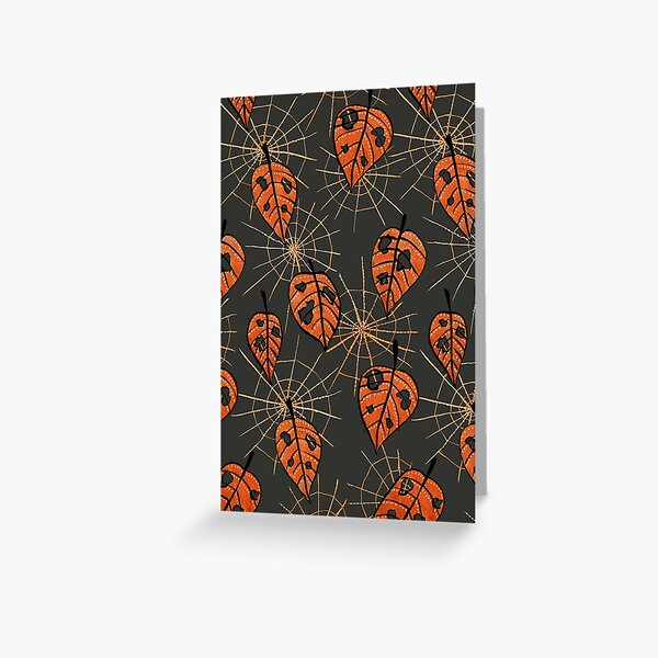 Orange Leaves With Holes And Spiderwebs Greeting Card