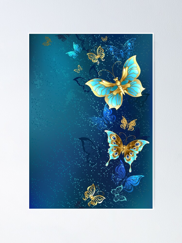 Golden Butterflies on a Blue Background