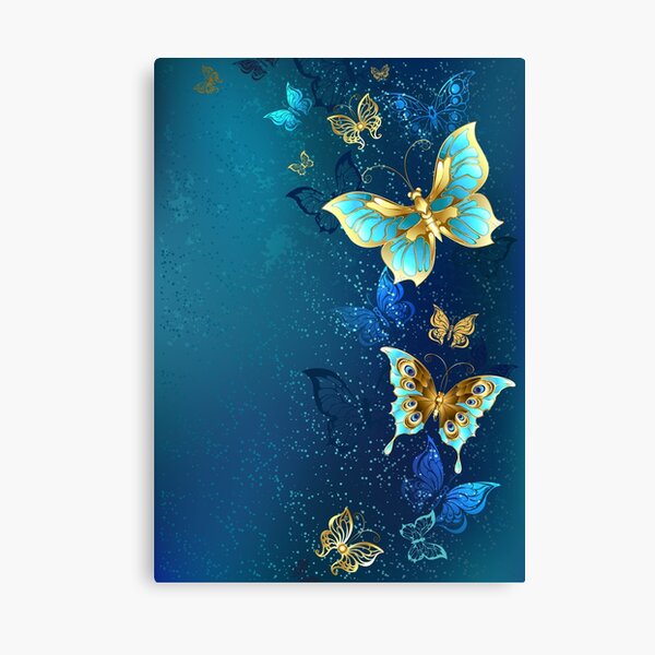 Leinwanddruck for Sale mit Goldene Schmetterlinge auf blauem Hintergrund  von Blackmoon9