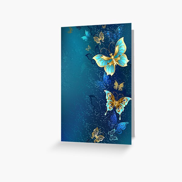 Golden Butterflies on a Blue Background Greeting Card