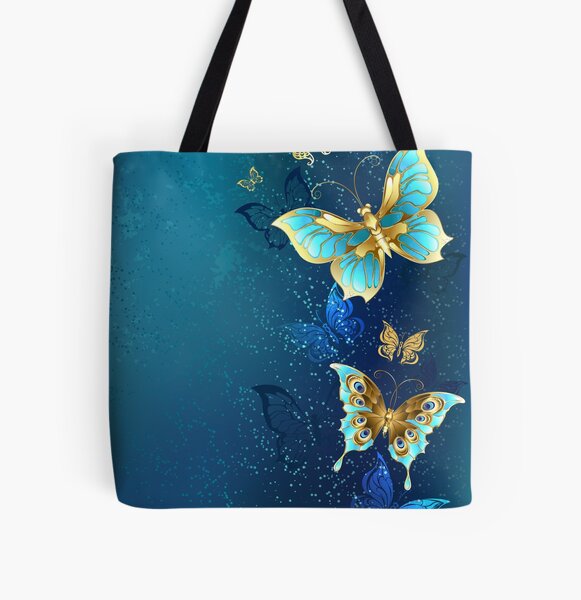 Golden Butterflies on a Blue Background All Over Print Tote Bag