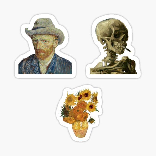 Vista previa del artículo con la obra «Van Gogh - pack de pegatinas calavera (Cabeza de esqueleto), Autorretrato y Girasoles», diseñado y vendido por Mapsart-.
