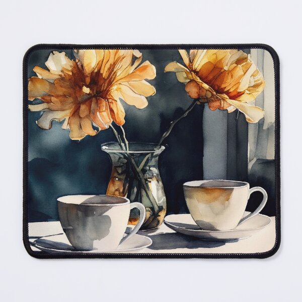 Item preview, Two cups of coffee and flowers watercolor designed and sold by artefacta.