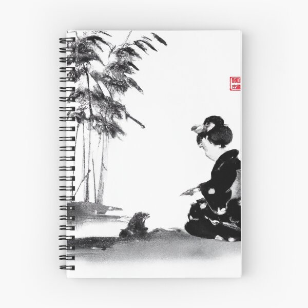 Item preview, Sumi-e Japanese ink painting, geisha sitting by the river talking to a frog designed and sold by Monkonthehill.