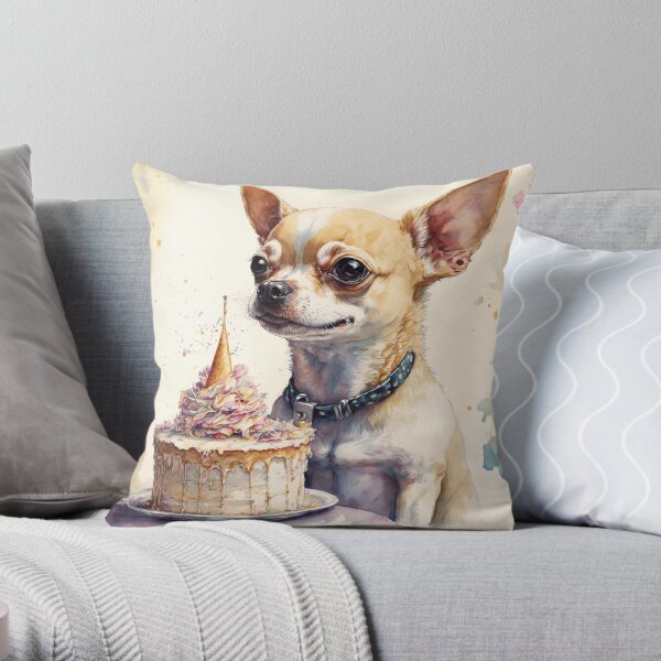 happy birthday chihuahua eating cake Throw Pillow