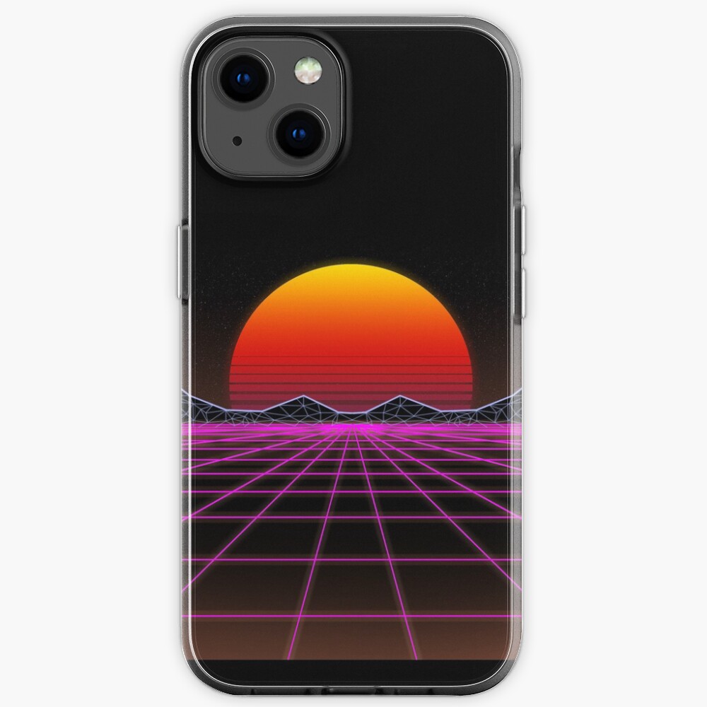 80s retrowave neon grid sunset valley iPhone Case