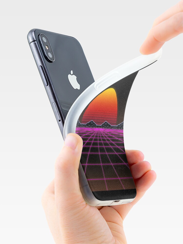 Alternate view of 80s retrowave neon grid sunset valley iPhone Case