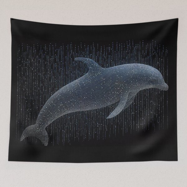 Item preview, ASCII Dolphin swimming through code, Generated by AI designed and sold by dragonwolfpack.