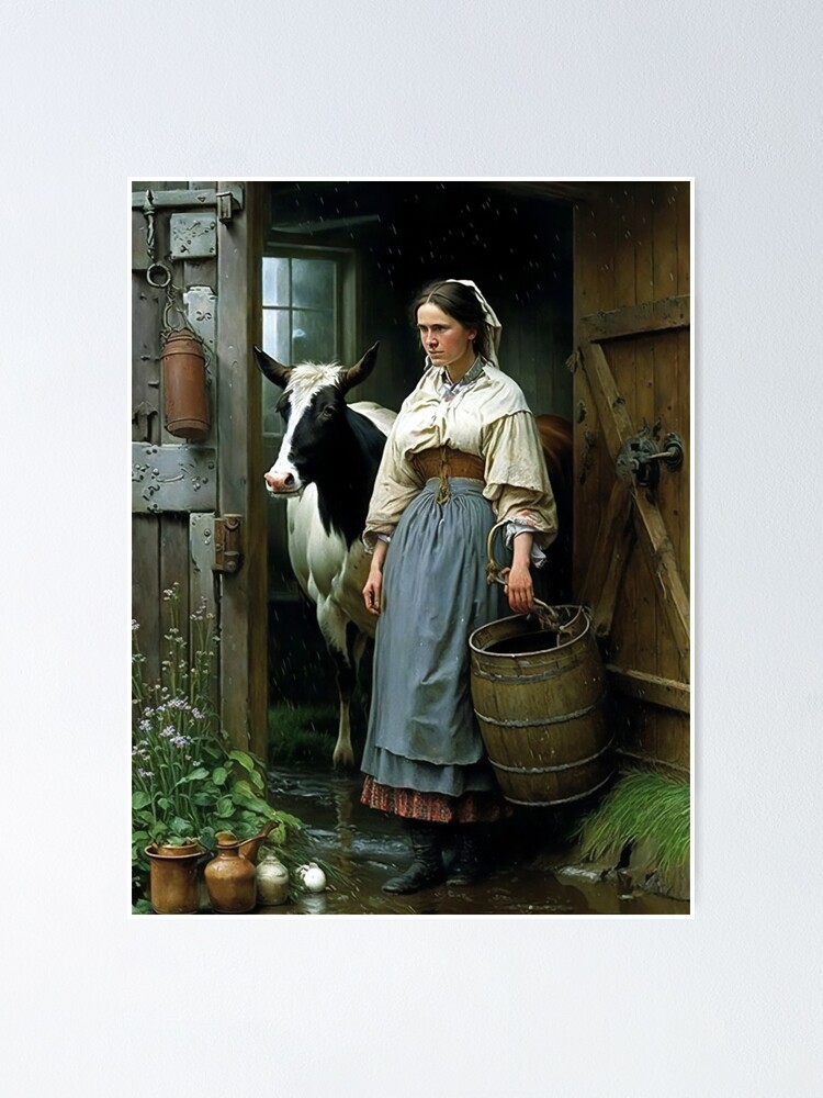 FARM GIRL MILKING A COW BEAUTIFUL MILK MAID PAINTING ART PRINT ON REAL  CANVAS