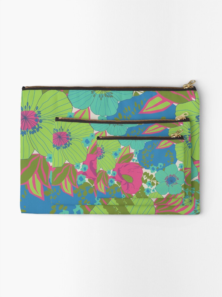 Alternate view of Green, Turquoise, Blue and Magenta Retro Floral Pattern Zipper Pouch