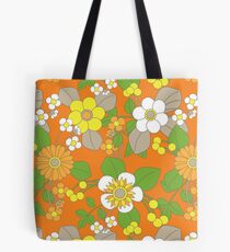 Yellow, Orange and White Retro Flowers on Orange Background Tote Bag