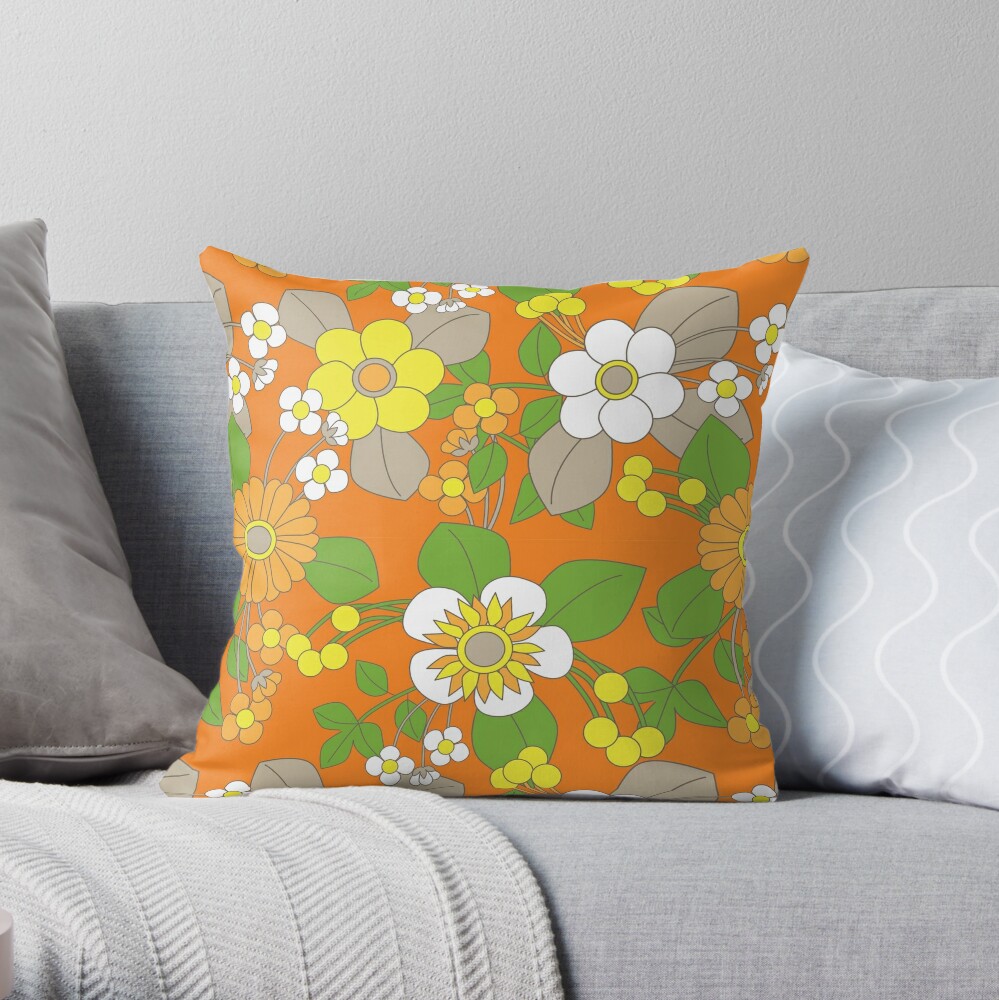 Beautiful And Charming Yellow, Orange and White Retro Flowers on Orange Background Throw Pillow by Eyestigmatic TP-6SQ0GU8I