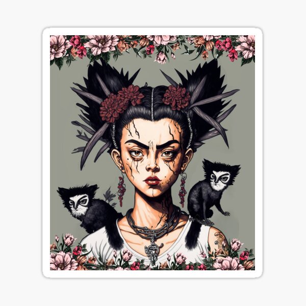 Frida Kahlo autoportrait avec des singes - IA et art graphique Sticker