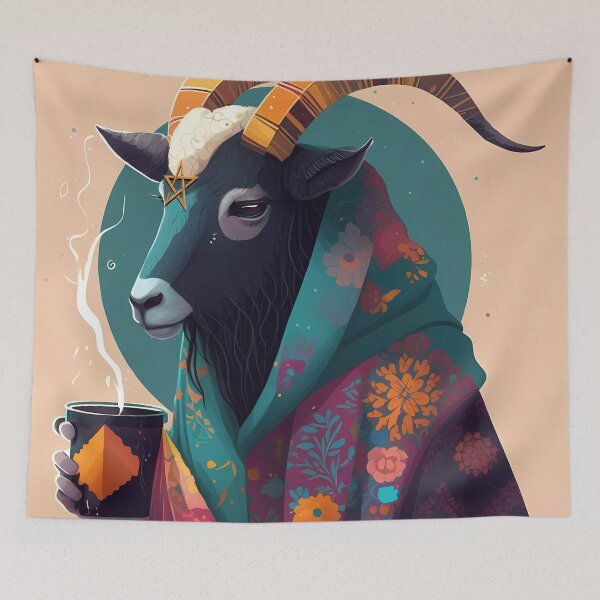Item preview, Cozy Baphomet - Cute Baphomet Sipping a cup of tea in his robe - colorful illustration designed and sold by ThriceRound.