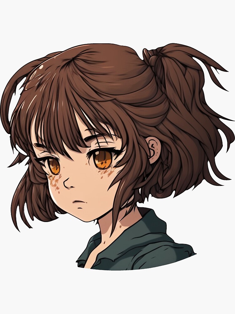 Brunette woman with freckles and chin-length, bobbed hair, anime