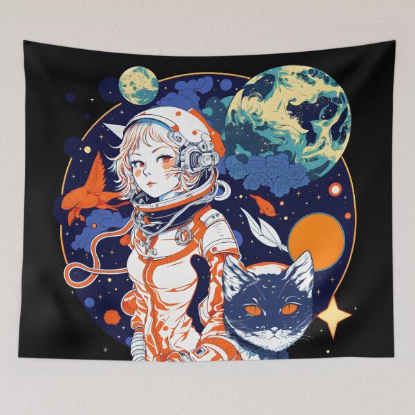 Item preview, Cat & Girl in Space Fantastic Retro Cat Lover designed and sold by SecretDicer.
