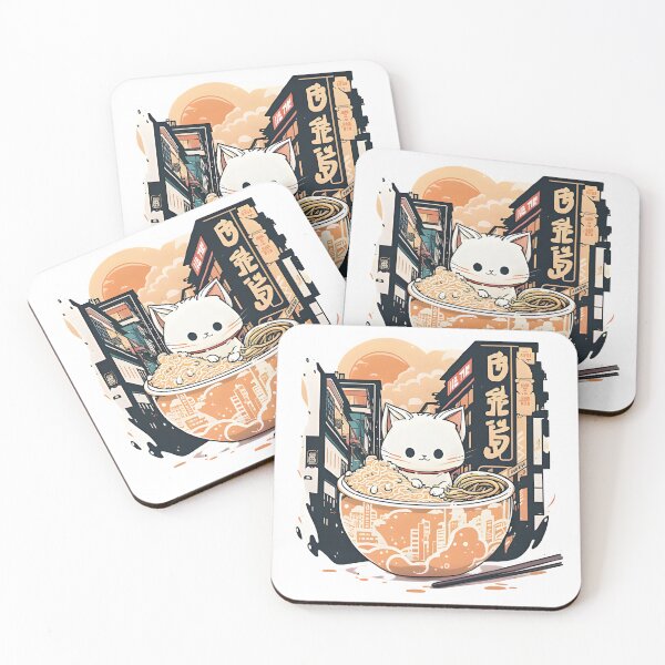 Item preview, Chat Kawaii savourant un bol de Ramen dans la rue de Tokyo - Design style anime japonais designed and sold by LuluDragon.