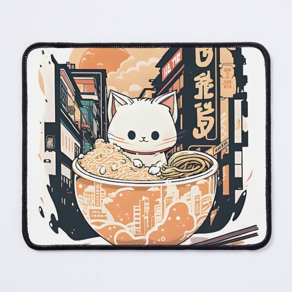 Item preview, Chat Kawaii savourant un bol de Ramen dans la rue de Tokyo - Design style anime japonais designed and sold by LuluDragon.