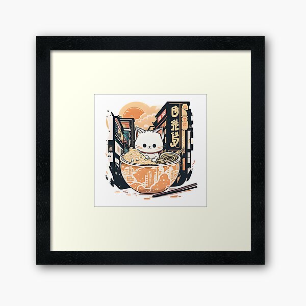 Item preview, Chat Kawaii savourant un bol de Ramen dans la rue de Tokyo - Design style anime japonais designed and sold by LuluDragon.
