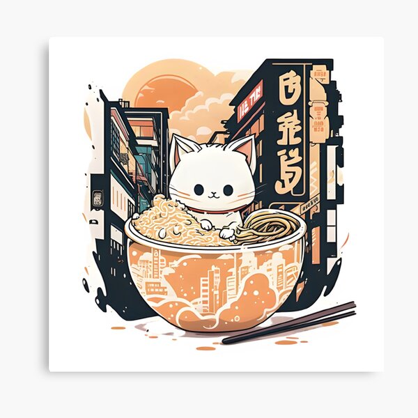 Aperçu de l'œuvre Chat Kawaii savourant un bol de Ramen dans la rue de Tokyo - Design style anime japonais créée et vendue par LuluDragon.