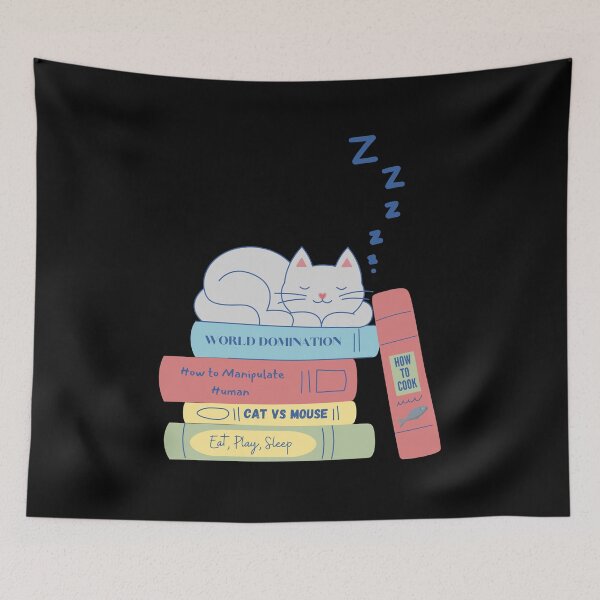 Item preview, silly funny cute gray grey cat sleeping on pile of books aesthetic illustration sticker designed and sold by FRH Design ⭐⭐⭐⭐⭐.