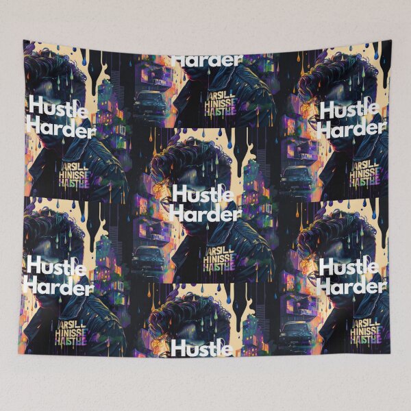 Item preview, Hustle Harder White on Black psychedelic, City Pop, Dripping Paint, DSLR, Houdini rendering, Detailed, sprite sheet, bleak colors, entrepreneur designed and sold by EmprendeHoy.