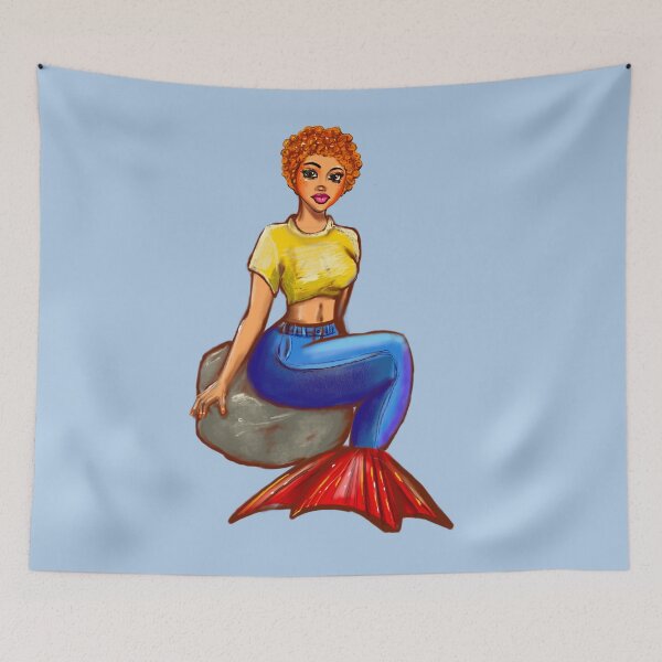 Item preview, Mermaid in Vintage blue denim - mermaidcore ocean art designed and sold by Artonmytee.