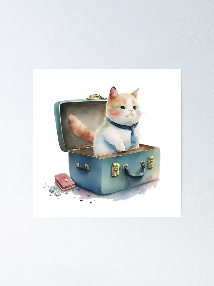 A Cute Travel Kitten Cat in a blue suitcase Poster
