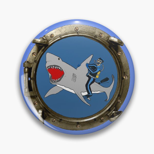 Item preview, Vintage Porthole View of a SCUBA Diver Riding a Great White Shark URM designed and sold by urmaddad.