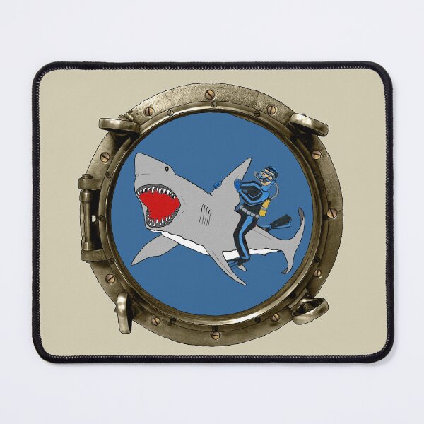 Item preview, Vintage Porthole View of a SCUBA Diver Riding a Great White Shark URM designed and sold by urmaddad.
