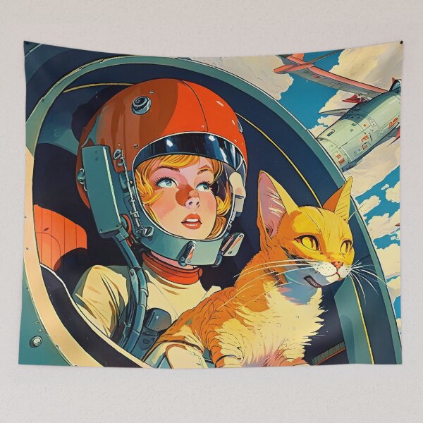 Item preview, Girl & Cat in Space Retro Fantastic Japanese Anime 60s designed and sold by AIWanderer.
