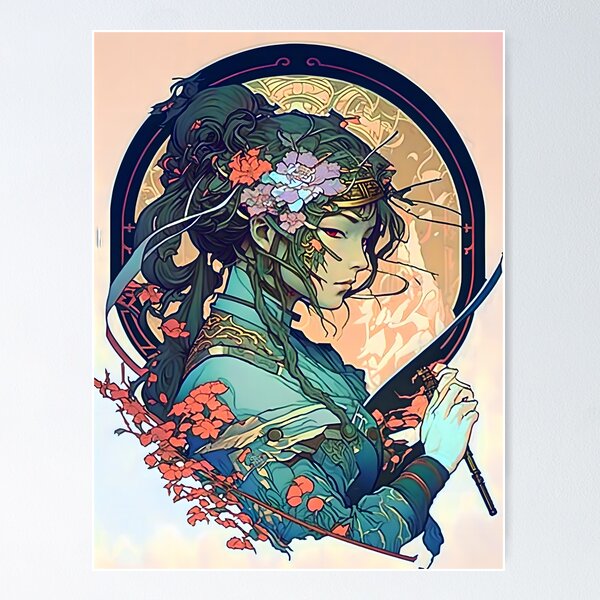 Item preview, Psychedelic Cyberpunk Art Nouveau Japanese Female Ninja Samurai designed and sold by entwithanaxe.