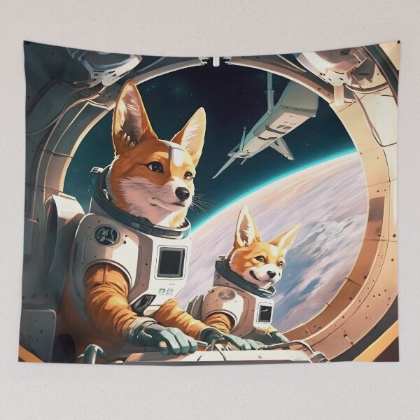 Aperçu de l'œuvre Chiens astronautes sur un vaisseau spatial dans l'espace fantastique Anime rétro des années 60 créée et vendue par AIWanderer.