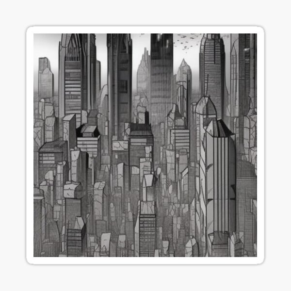 The city of windows, fences, tower painted with a pencil. Gray stones are flattened into the plane ... Sticker