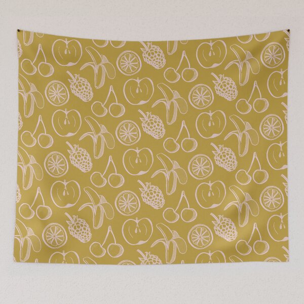 Item preview, Fruity repeat pattern - pink on mustard background  designed and sold by LucyFaulke.