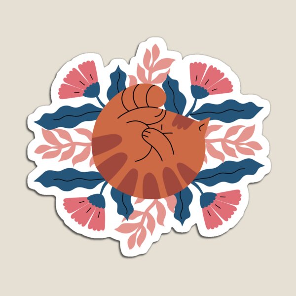 Floral illustration with a sleeping cat in a hand-drawn style Magnet