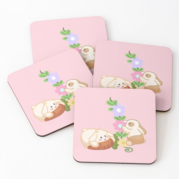 Item preview, adorable rabbits playing with the flowers and eating a fresh carrot, in pastel tones  designed and sold by kitsuneins.
