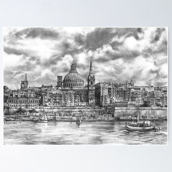 Item preview, View of the city of Malta - pencil drawing designed and sold by Katarzyna Kmiecik.