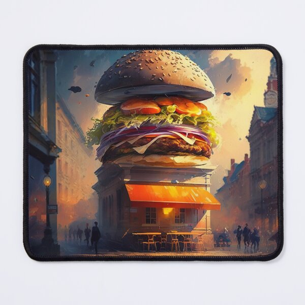 Item preview, A giant burger-house in evening city lights designed and sold by ArtEatLove.