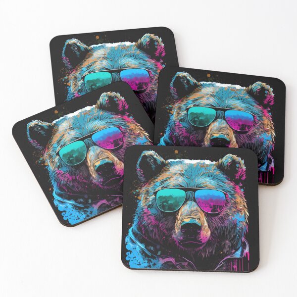 Item preview, Colorful bear wearing sunglasses, 80's retrowave art, synthwave style, animal art, grizzly bear designed and sold by SnorbelDesign.
