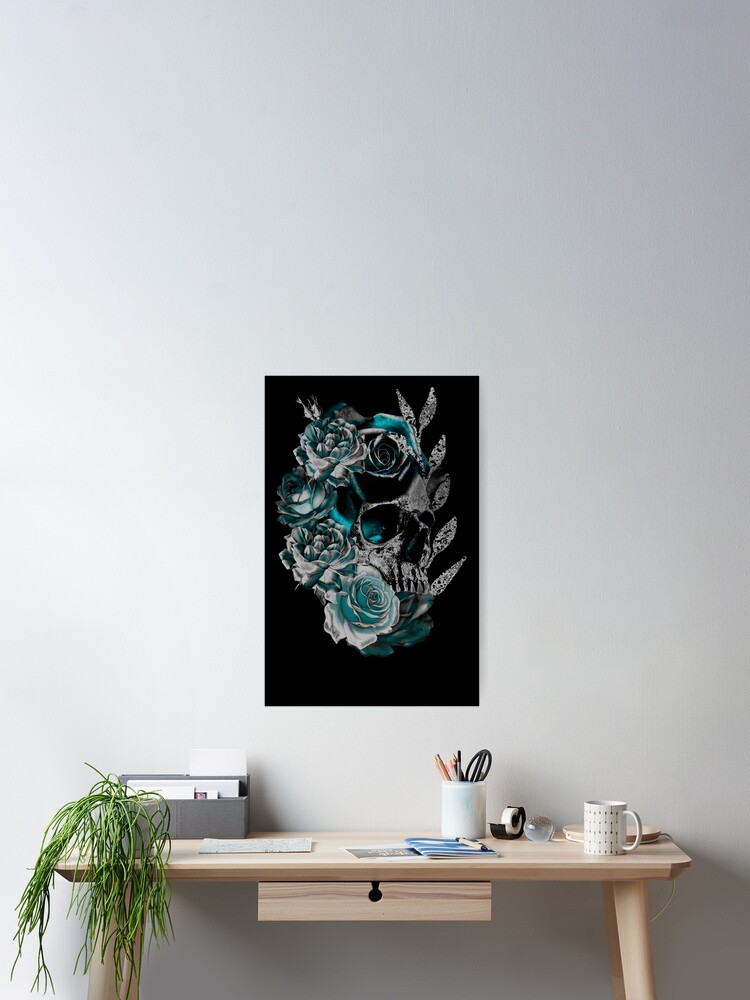 Skull with Black and sky blue Roses