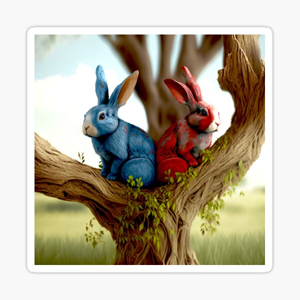 Red and Blue Rabbits in a Tree Sticker