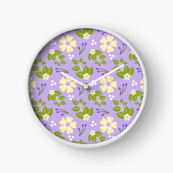 Yellow Floral and Green Leaf on Lavender Background Clock