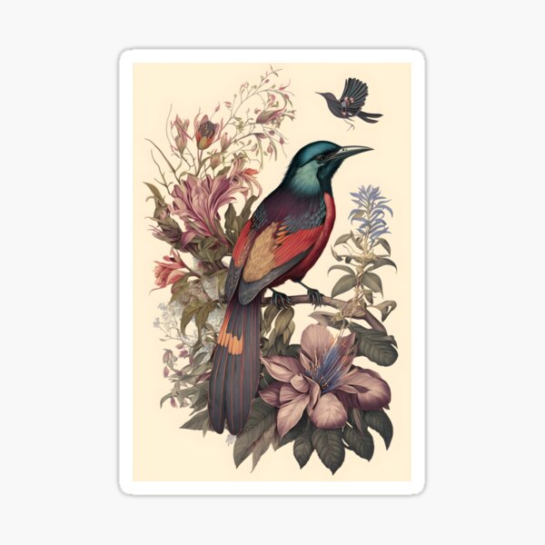 Botanical Art, Boho Exotica, Nature garden and bird Sticker