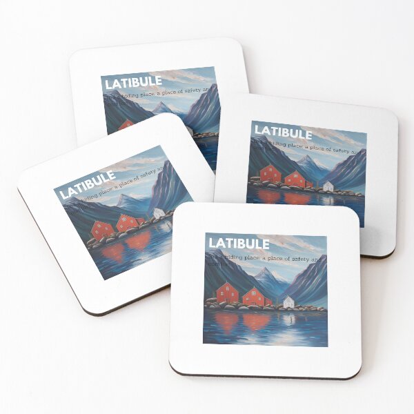 Item preview, latibule safe comfort hiding place word meaning text typography blue lake mountain norway red village house oil painting aesthetic art illustration sticker designed and sold by FRH Design ⭐⭐⭐⭐⭐.