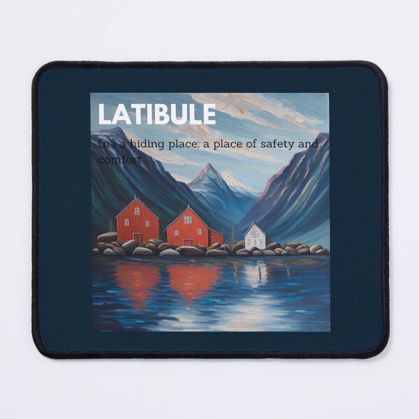 Item preview, latibule safe comfort hiding place word meaning text typography blue lake mountain norway red village house oil painting aesthetic art illustration sticker designed and sold by FRH Design ⭐⭐⭐⭐⭐.