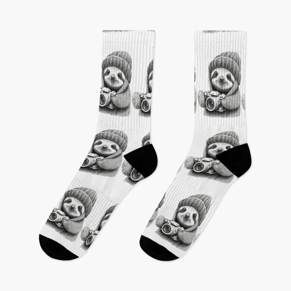Item preview, Cute Smile Sloth in a knitted hat with the camera Black and White designed and sold by MaxEXP.