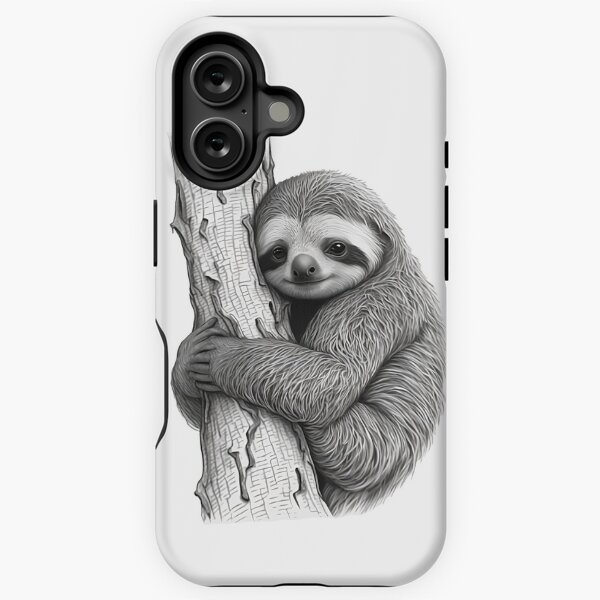 Vista previa del artículo con la obra «Lindo perezoso joven sonriente abrazando un árbol en blanco y negro», diseñado y vendido por MaxEXP.
